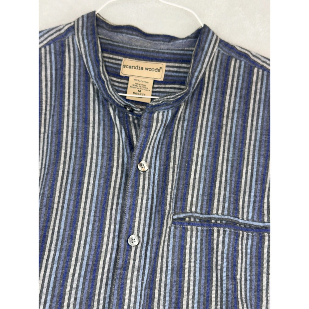 Scandia Woods Mens Medium Blue Striped Banded Collar Cotton Long Sleeve Shirt